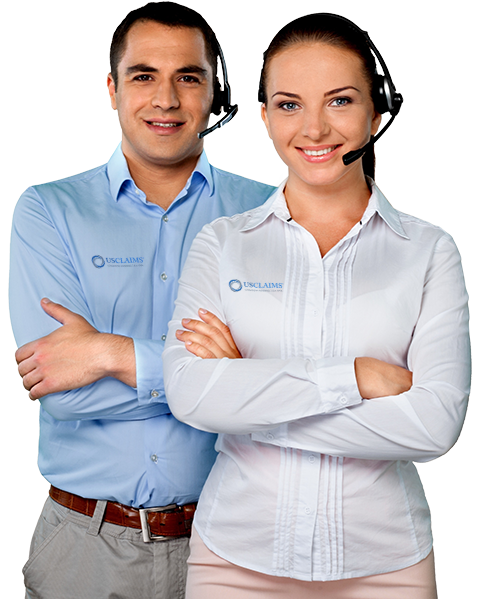Young woman and man are smiling with arms crossed wearing head pieces, ready take phone calls.