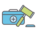 Icon of a gavel in front of a medical bag.