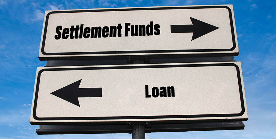A "settlement funds" sign pointing right above a "loan" sign pointing left.