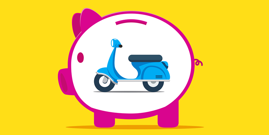 A piggy bank with a picture of a blue moped scooter on the side of it.